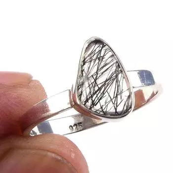 Кольцо из чистого серебра 925 пробы с натуральным черным рутилом, ручная работа, размер 8 d1E38