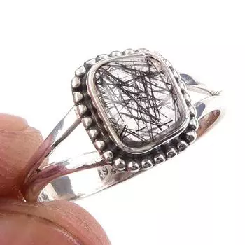 Кольцо из чистого серебра 925 пробы с натуральным черным рутилом ручной работы S.8 Q0z97