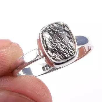 Кольцо из чистого серебра 925 пробы с натуральным черным рутилом ручной работы S.7 S6R81