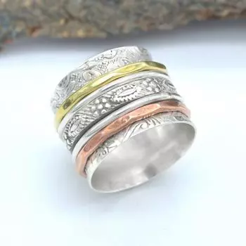 Кольцо из чистого серебра 925 пробы, кольцо для медитации, кольцо-спиннер, трехцветное кольцо, кольцо ручной работы, дизайнерское кольцо, кольцо-спиннер, кольцо в стиле бохо 6