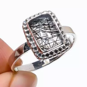 Кольцо из чистого серебра 925 пробы с натуральным черным рутилом ручной работы S.9 p4p31