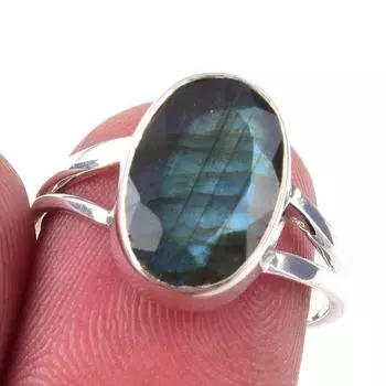Кольцо из чистого серебра 925 пробы с натуральным лабрадоритом, размер 7, a0t06
