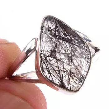 Кольцо из чистого серебра 925 пробы с натуральным черным рутилом ручной работы S.8 m0B66