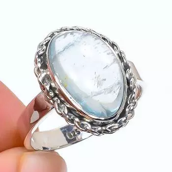 Кольцо из чистого серебра 925 пробы с натуральным аквамарином, размер 8 P3u87