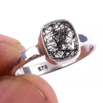 Кольцо из чистого серебра 925 пробы с натуральным черным рутилом ручной работы S.6 r2i39