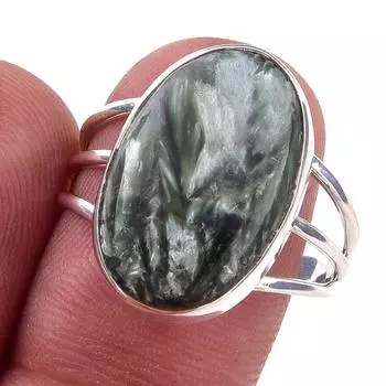 Кольцо из чистого серебра 925 пробы с натуральным драгоценным камнем серафинитом, размер 9, p8v35