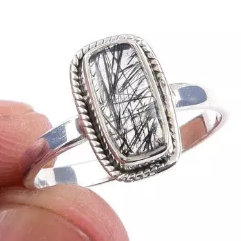 Кольцо из чистого серебра 925 пробы с натуральным черным рутилом ручной работы S.8 L5M27