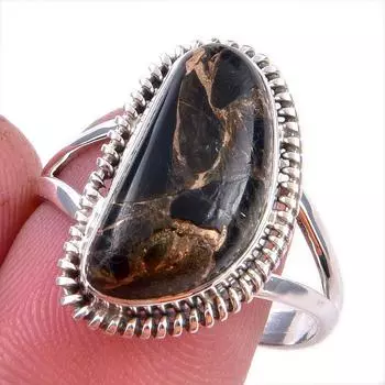 Кольцо из чистого серебра 925 пробы с натуральным черным медным бирюзовым камнем S.9 C2B06