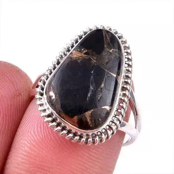 Кольцо из чистого серебра 925 пробы с натуральным черным медным бирюзовым камнем S.7 V5G52