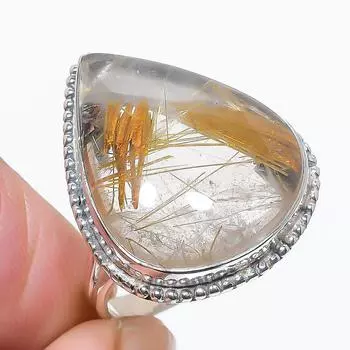 Кольцо из чистого серебра 925 пробы с натуральным золотым рутилом ручной работы S.8 T4F73