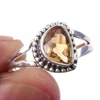 Кольцо из чистого серебра 925 пробы с натуральным цитрином ручной работы, размер 7 s6v96