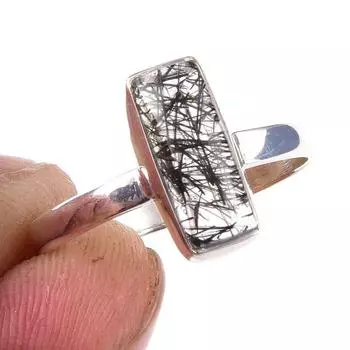 Кольцо из чистого серебра 925 пробы с натуральным черным рутилом ручной работы S.8 D7C17