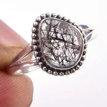 Кольцо из чистого серебра 925 пробы с натуральным черным рутилом ручной работы S.8 G1n23