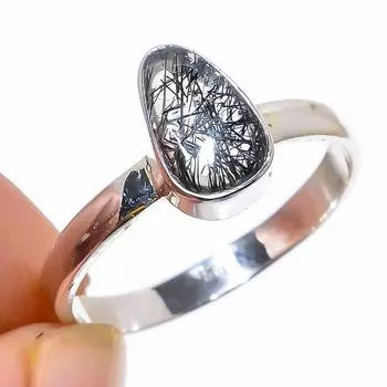 Кольцо из чистого серебра 925 пробы с натуральным черным рутилом ручной работы S.10 F7l48