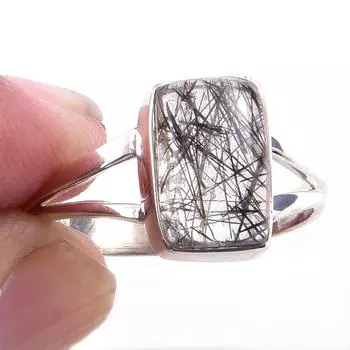 Кольцо из чистого серебра 925 пробы с натуральным черным рутилом ручной работы S.7 k7C06