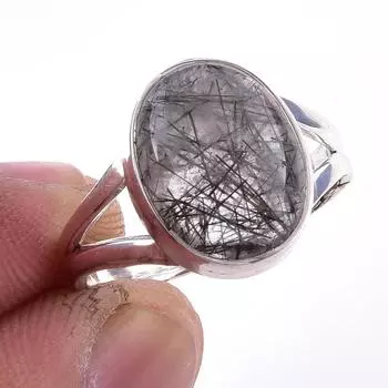Кольцо из чистого серебра 925 пробы с натуральным черным рутилом ручной работы S.8 C7Q34
