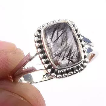 Кольцо из чистого серебра 925 пробы с натуральным черным рутилом ручной работы S.6 N4H21