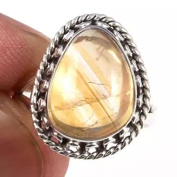 Кольцо из чистого серебра 925 пробы с натуральным цитрином ручной работы, размер 6 d0F89