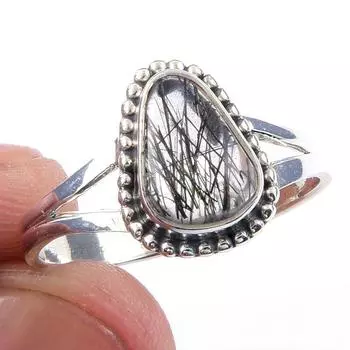 Натуральный Черный Рутил Драгоценный Камень Ручной Работы 925 Пробы Цельное Стерлинговое Серебро Кольцо S.9 q6q77