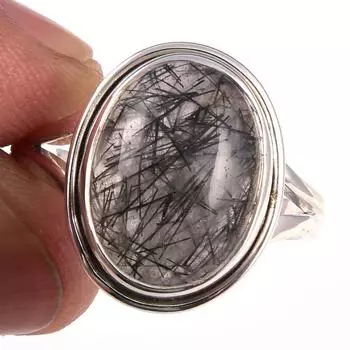 Кольцо из чистого серебра 925 пробы с натуральным черным рутилом ручной работы S.10 h1Z73