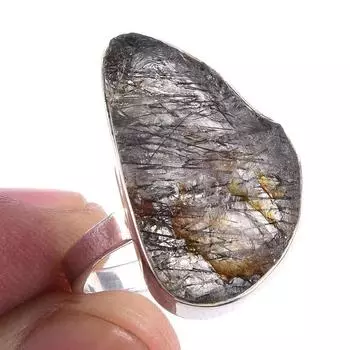 Кольцо из чистого серебра 925 пробы с натуральным черным рутилом ручной работы S.10 C0j03