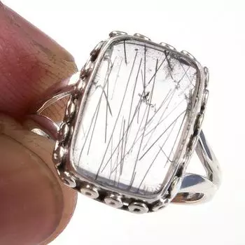Кольцо из чистого серебра 925 пробы с натуральным черным рутилом ручной работы S.8 M6W44