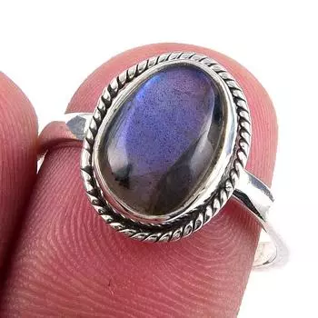 Кольцо из чистого серебра 925 пробы с натуральным лабрадоритом ручной работы, размер 8 B4C67