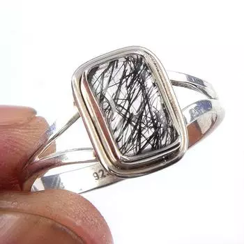 Кольцо из чистого серебра 925 пробы с натуральным черным рутилом ручной работы S.10 z0z41