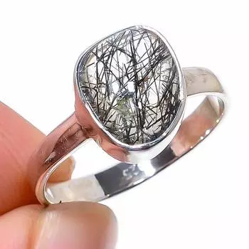 Кольцо из чистого серебра 925 пробы с натуральным черным рутилом ручной работы S.7 A4I37