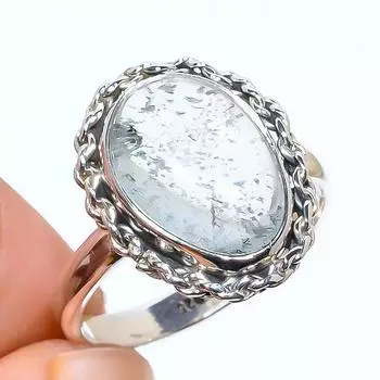 Кольцо из чистого серебра 925 пробы с натуральным аквамарином, размер 9, k1D39