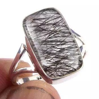 Кольцо из чистого серебра 925 пробы с натуральным черным рутилом ручной работы S.9 z8o55