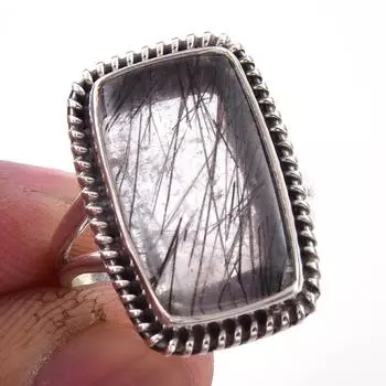 Кольцо из чистого серебра 925 пробы с натуральным черным рутилом ручной работы S.7 E4Y11