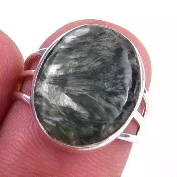 Кольцо из чистого серебра 925 пробы с натуральным драгоценным камнем серафинитом, размер 6, y9e37