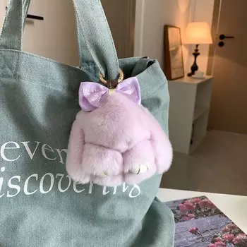 Кольцо из цинкового сплава с мехом кролика, брелок с помпонами, плюшевый кролик, брелок для ключей, кавайная сумка-кролик, кулон для пары розовый