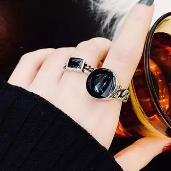 Кольцо из двух частей, кольцо-цепочка, квадратное кольцо, хипстерский ретро-костюм с кольцом на указательный палец чёрный