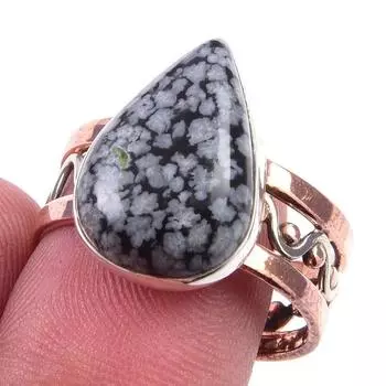 Кольцо из двухцветного серебра 925 пробы с натуральным обсидианом в виде снежинки S.9 A2k29