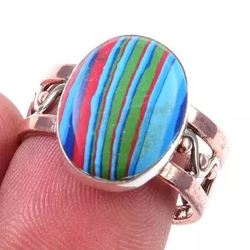 Кольцо из двухцветного серебра 925 пробы с натуральным радужным кальцийсодержащим драгоценным камнем, размер 8 B9q15