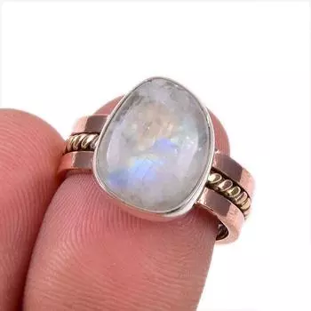 Кольцо из двухцветного серебра 925 пробы с натуральным радужным лунным камнем, размер 6 f8b08