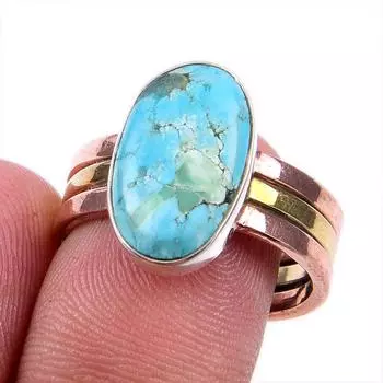 Кольцо из двухцветного серебра 925 пробы с натуральным тибетским бирюзовым камнем S.8.5US k9H70