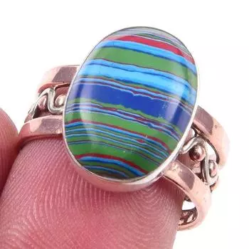 Кольцо из двухцветного серебра 925 пробы с натуральным радужным кальцийсодержащим драгоценным камнем S.7.5 A7W99