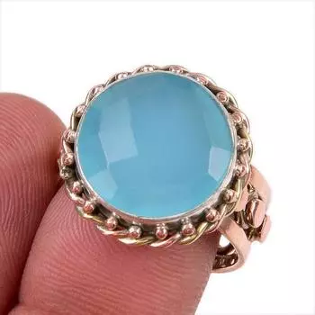 Кольцо из двухцветного серебра 925 пробы с натуральным аквамариновым халцедоном S.8 f8D46