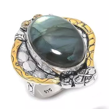 Кольцо из двухцветного серебра 925 пробы с натуральным лабрадоритом, размер 8 S9Q99