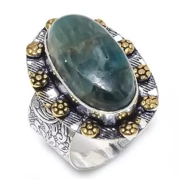 Кольцо из двухцветного серебра 925 пробы с натуральным неоново-голубым апатитом S.8.5 w2V81