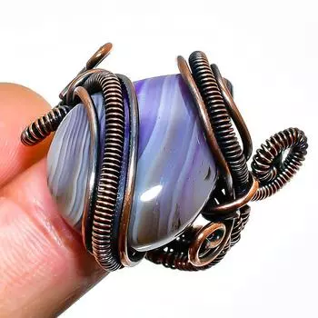 Кольцо из фиолетового кружевного агата с драгоценным камнем ручной работы из медной проволоки, размер 9