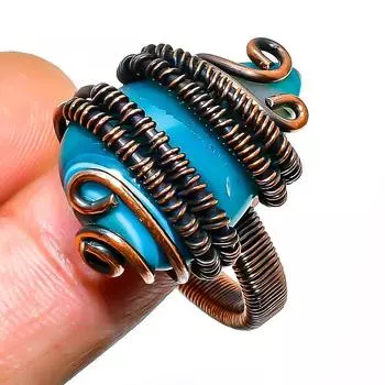 Кольцо из голубого кружевного агата с драгоценным камнем ручной работы из медной проволоки, размер 10,5