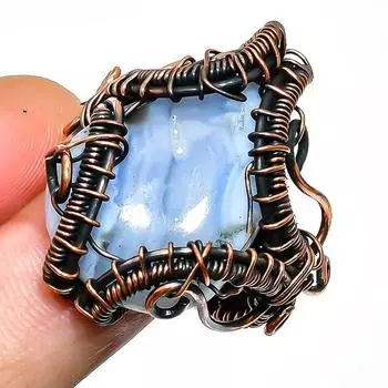 Кольцо из голубого кружевного агата с драгоценным камнем ручной работы из медной проволоки, размер 10