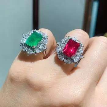 Кольцо из искусственного красного корунда для женщин, инкрустированное изумрудом Rectangle chamfer 8X12