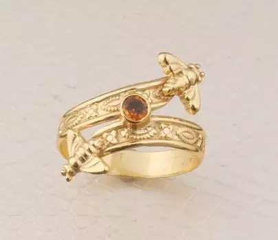 Кольцо из латуни с двойным ремешком из цитрина 22 карата для мужчин и женщин, круглое золотое кольцо ручной работы с медовой пчелой 6 US