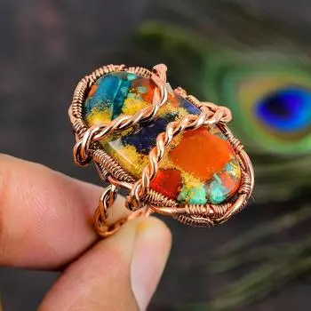 Кольцо из медной проволоки ручной работы с натуральным драгоценным камнем колючая устрица, размер 8,5 g0V84