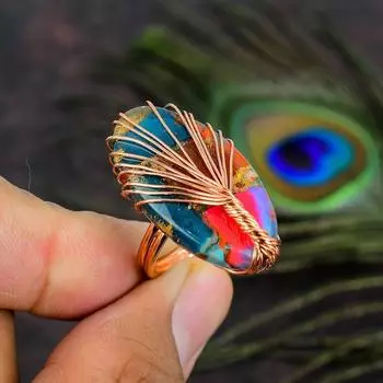 Кольцо из медной проволоки ручной работы с натуральным драгоценным камнем колючая устрица, размер 8,5 E7d09